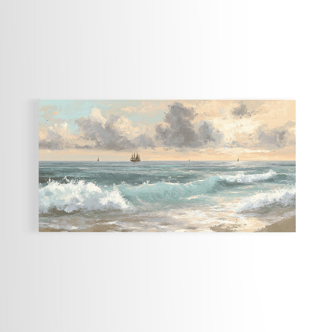 Classic Seascape with Dramatic Clouds Canvas Print, Wall Art, Wood Wall Art, Living Room Decor, Abstract Art, WAL-2x1-71