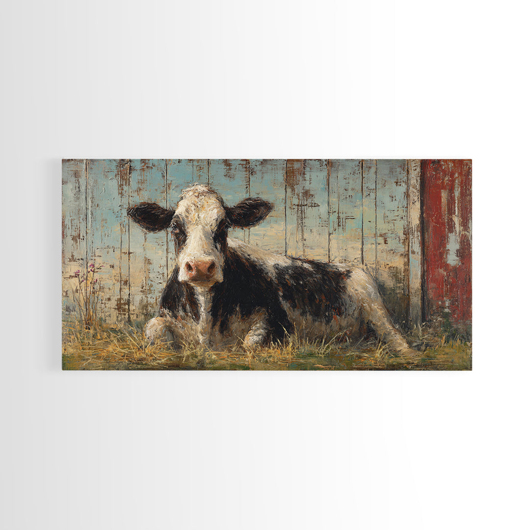 Rustic Farmhouse Cow Portrait Framed Canvas Print, Wall Art, Textured Wall Art, Living Room Decor, Oil Painting, WAL-2x1-87