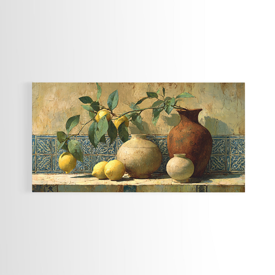 Mediterranean Lemon Branch Still Life Framed Canvas Print, Wall Art, Heart, Living Room Decor, Fine Art, Home Decor Gift, WAL-2x1-90