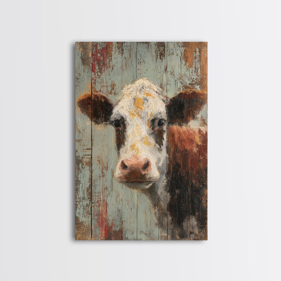 Rustic Farmhouse Cow Portrait Framed Canvas Print, Wall Art, Room Decor, Living Room Decor, Oil Painting, Printable Wall Art, WAL-2x3-3