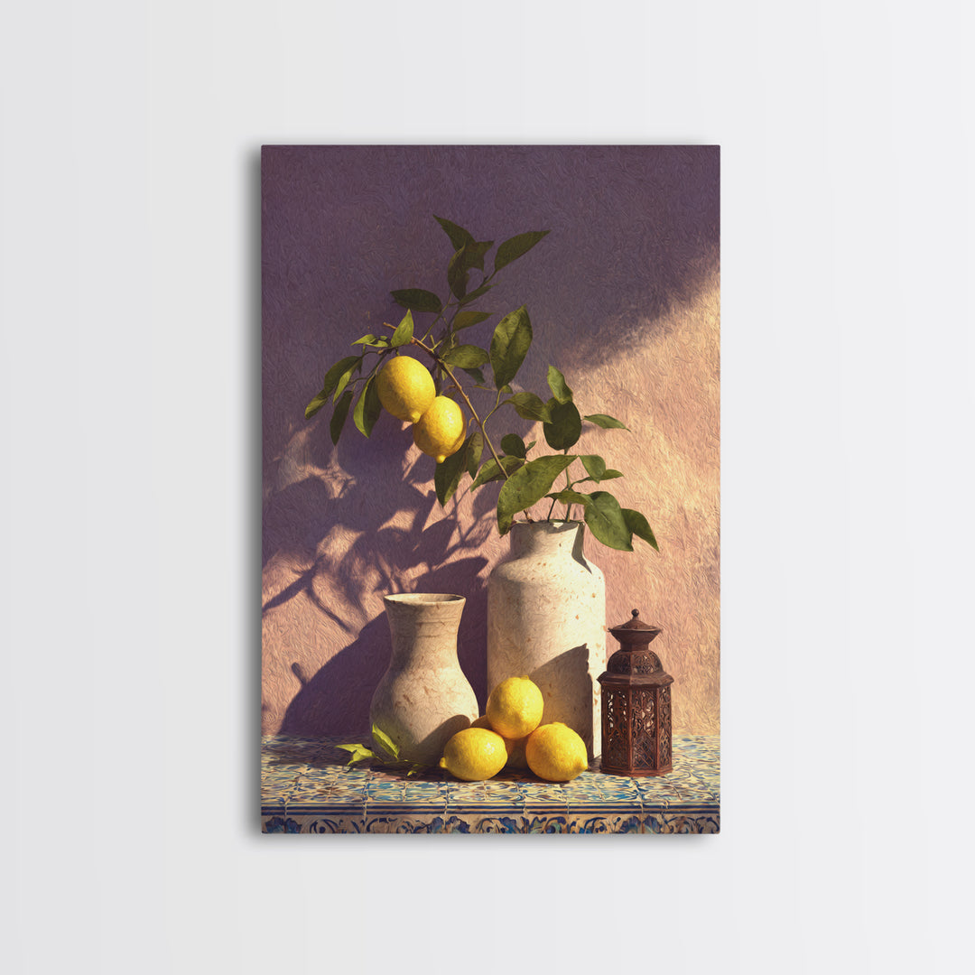 Mediterranean Lemon Branch Still Life Framed Canvas Print, Wall Art, Minimalist Decor, Living Room Decor, Oil Painting, WAL-2x3-30