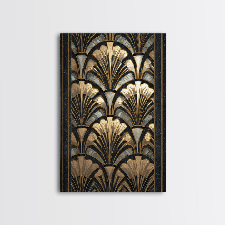 Art Deco Gold Fan Pattern Framed Canvas Print, Wall Art, Contemporary Art, Living Room Decor, Fine Art, Mid Century Modern, WAL-2x3-4