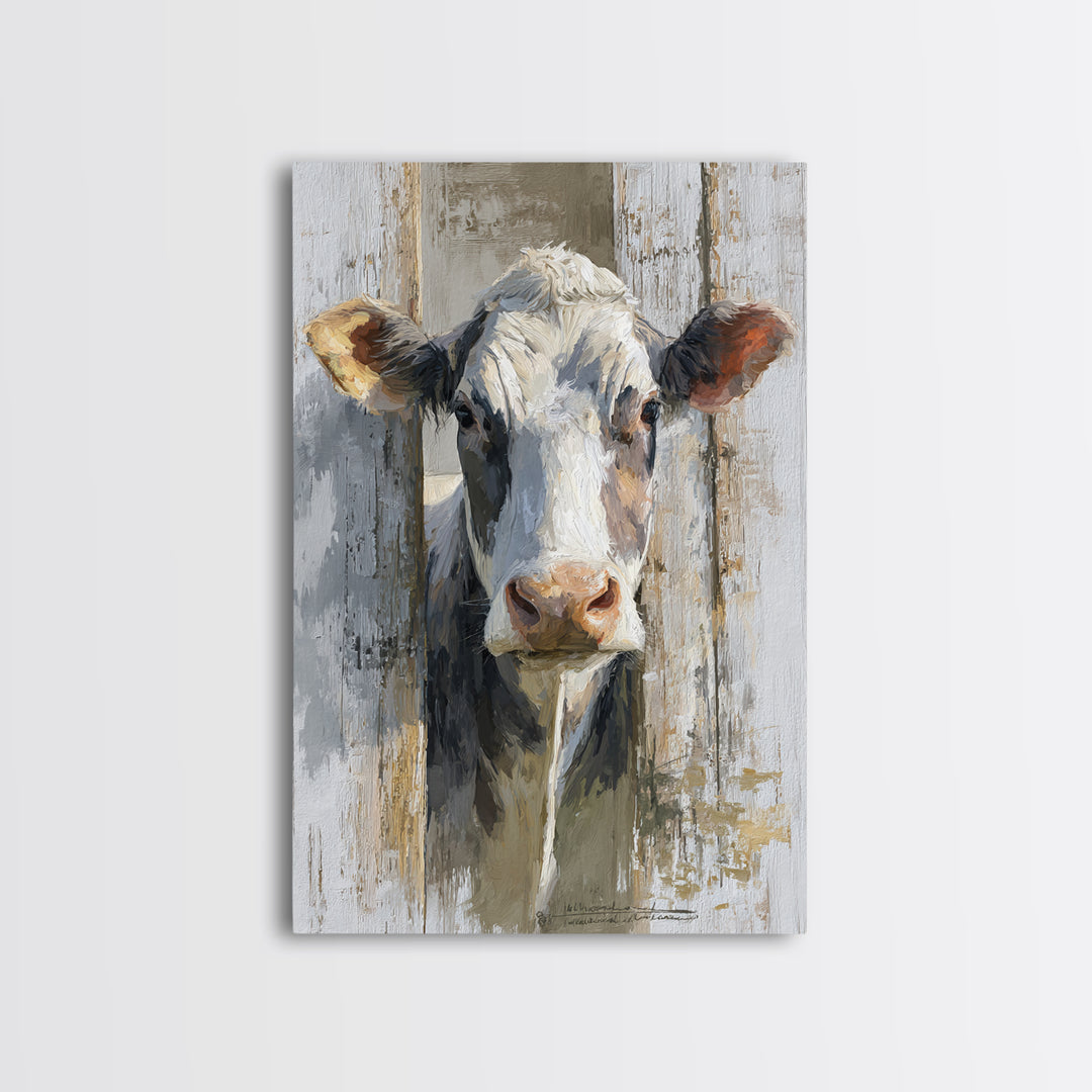 Rustic Farmhouse Cow Portrait Framed Canvas Print, Wall Art, Heart, Living Room Decor, Fine Art, Home Decor Gift, WAL-2x3-51