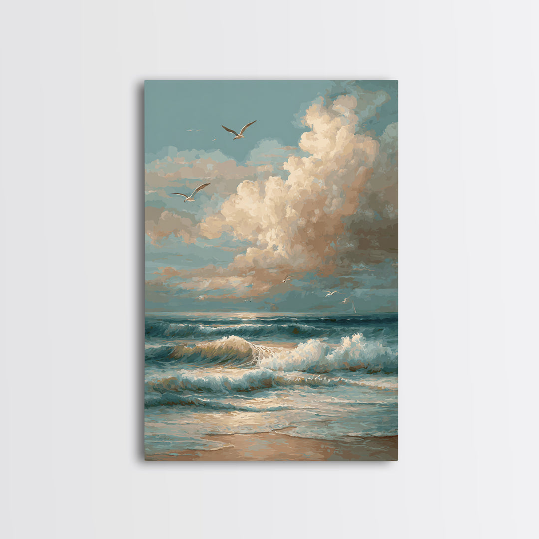 Classic Seascape with Dramatic Clouds Framed Canvas Print, Wall Art, Wall Art for Mom, Living Room Decor, Oil Painting, WAL-2x3-59