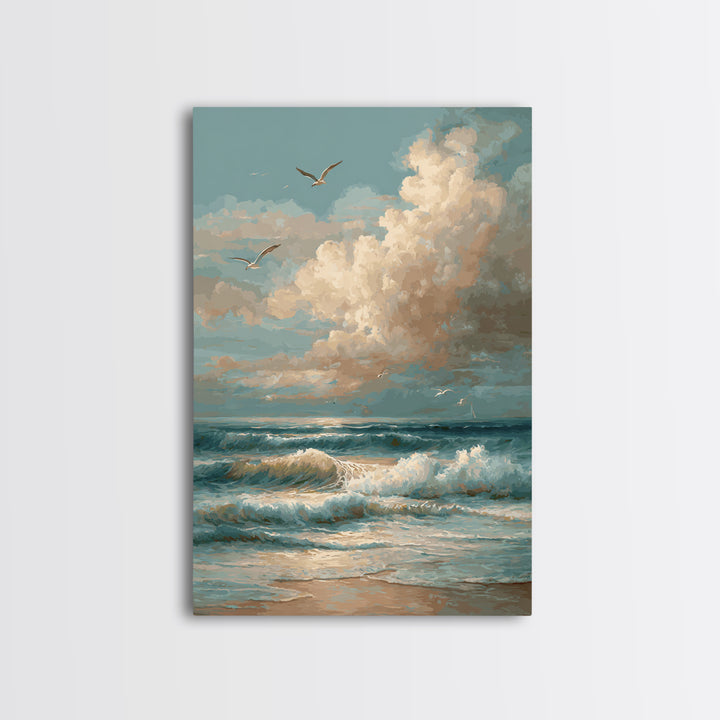 Classic Seascape with Dramatic Clouds Framed Canvas Print, Wall Art, Wall Art for Mom, Living Room Decor, Oil Painting, WAL-2x3-59