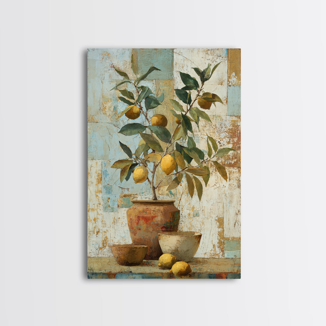 Mediterranean Lemon Branch Still Life Framed Canvas Print, Wall Art, Minimalist Decor, Living Room Decor, Oil Painting, WAL-2x3-6