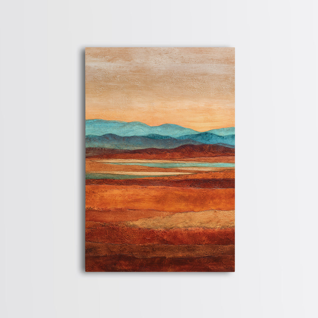 Desert Landscape in Warm Terracotta Tones Framed Canvas Print, Wall Art, Wall Clock, Living Room Decor, Watercolor Art, WAL-2x3-63