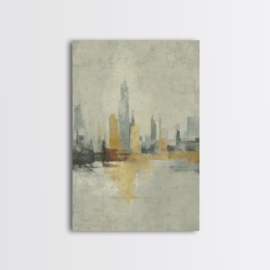 Urban Skyline in Muted Evening Color Framed Canvas Print, Wall Art, Wall Hangings, Living Room Decor, Abstract Art, WAL-2x3-74