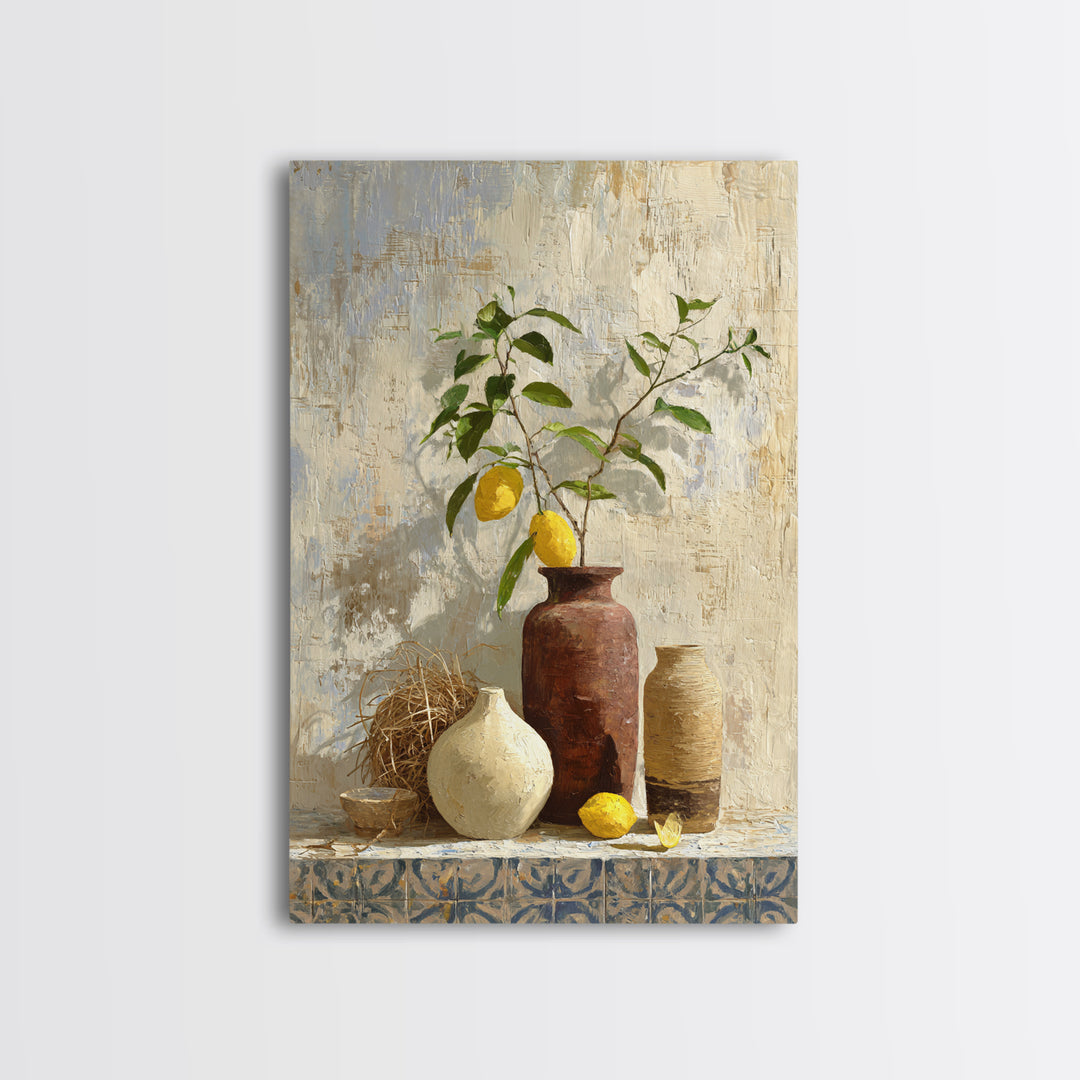 Mediterranean Lemon Branch Still Life Framed Canvas Print, Wall Art, Canvas, Living Room Decor, Watercolor Art, WAL-2x3-78
