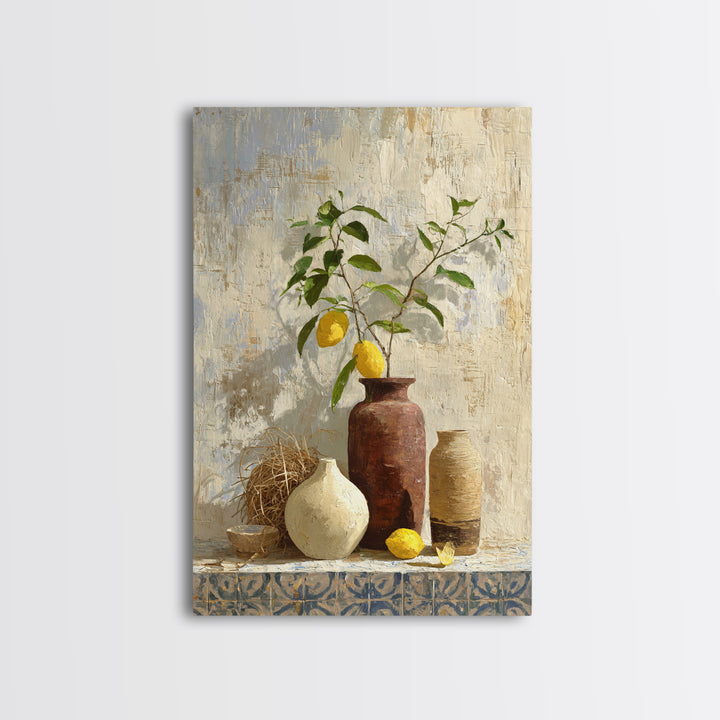 Mediterranean Lemon Branch Still Life Framed Canvas Print, Wall Art, Canvas, Living Room Decor, Watercolor Art, WAL-2x3-78