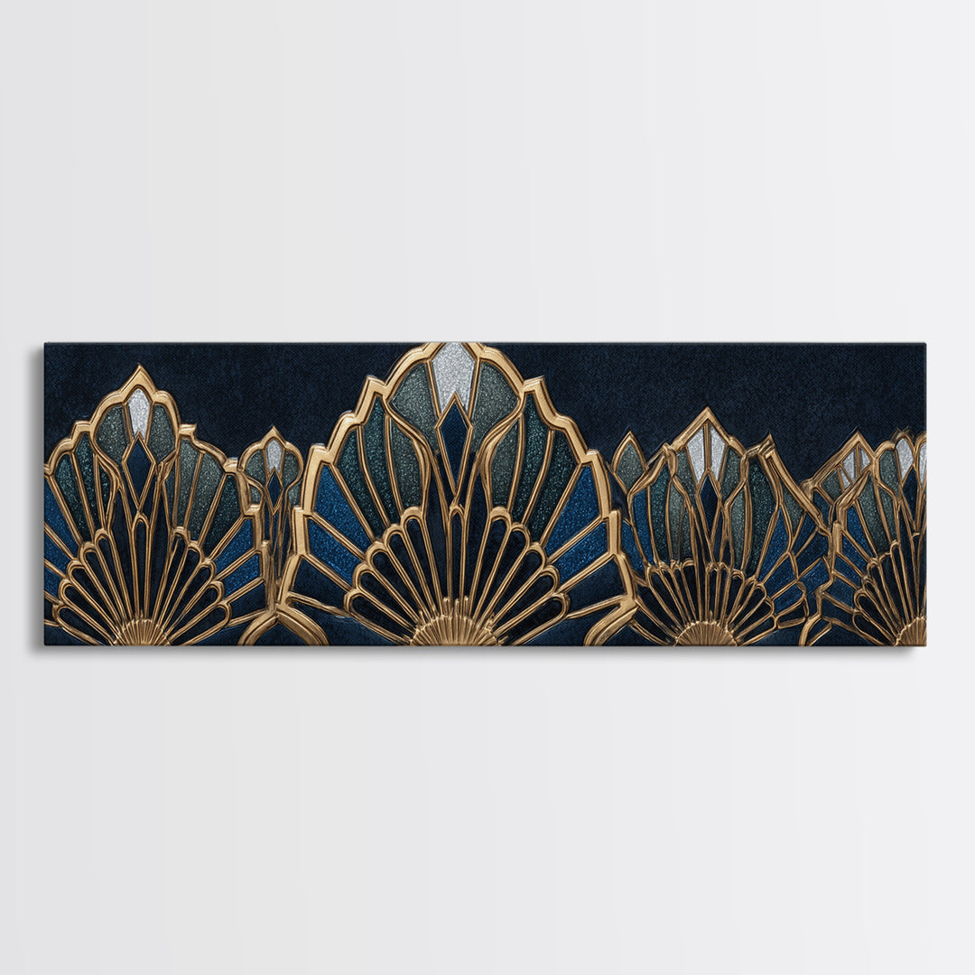 Art Deco Gold Fan Pattern Framed Canvas Print, Wall Art, Digital Print, Living Room Decor, Fine Art, Luxury Decor, WAL-3x1-12