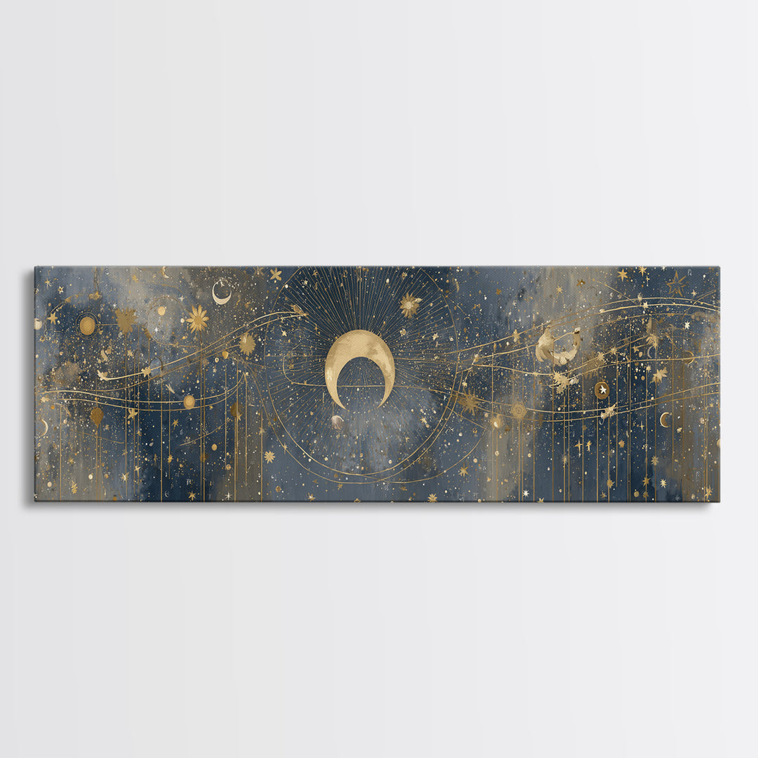 Celestial Moon and Stars Artwork Canvas Print, Wall Art, Painting, Living Room Decor, Fine Art, Art Deco, Wall Hanging, WAL-3x1-30