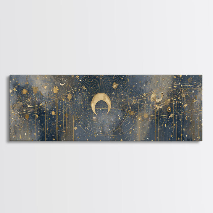 Celestial Moon and Stars Artwork Canvas Print, Wall Art, Painting, Living Room Decor, Fine Art, Art Deco, Wall Hanging, WAL-3x1-30
