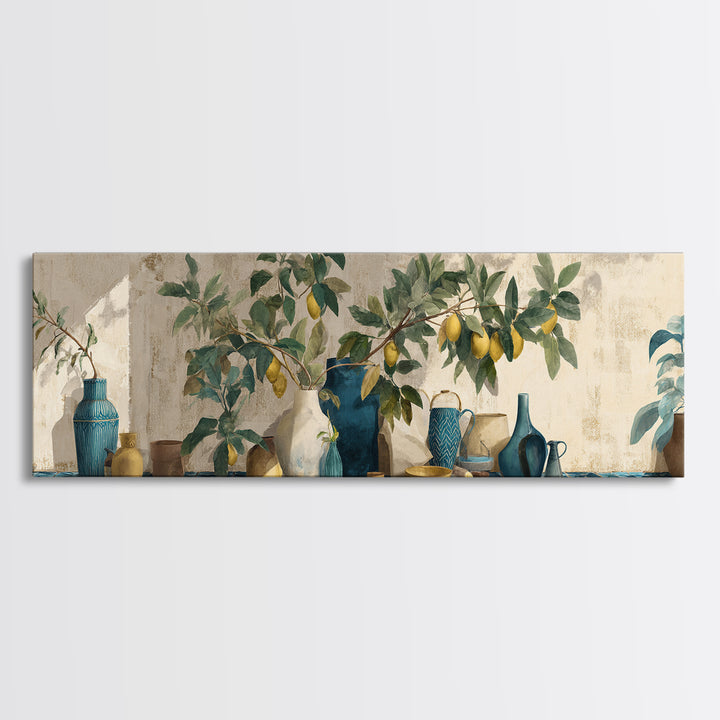 Mediterranean Lemon Branch Still Life Canvas Print, Wall Art, Metal Wall Art, Living Room Decor, Oil Painting, WAL-3x1-38