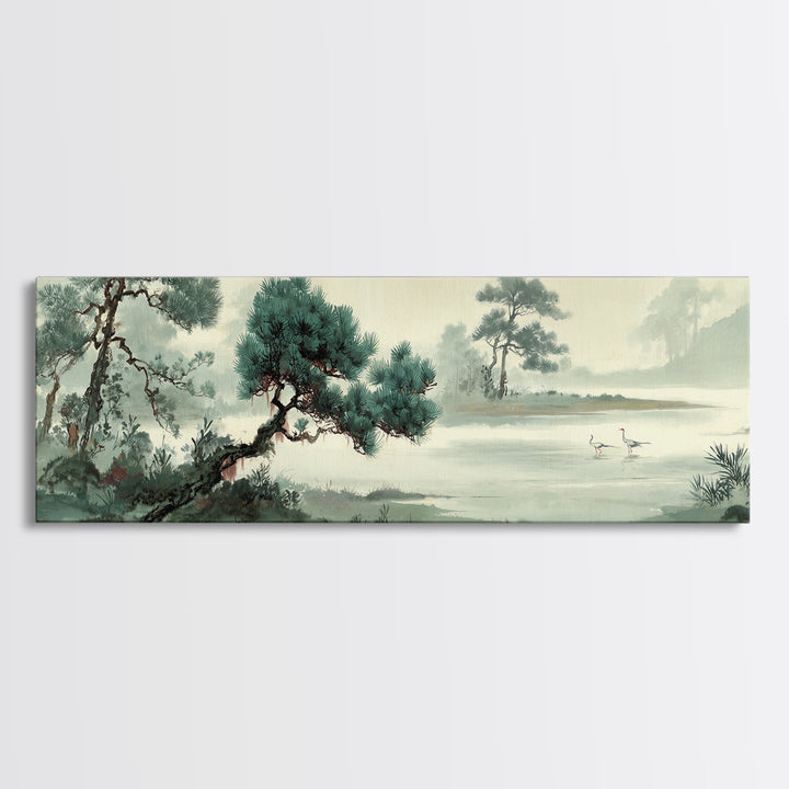 Monochrome Ink Crane Composition Canvas Print, Wall Art, Neutral Decor, Living Room Decor, Fine Art, Home Decor, WAL-3x1-40