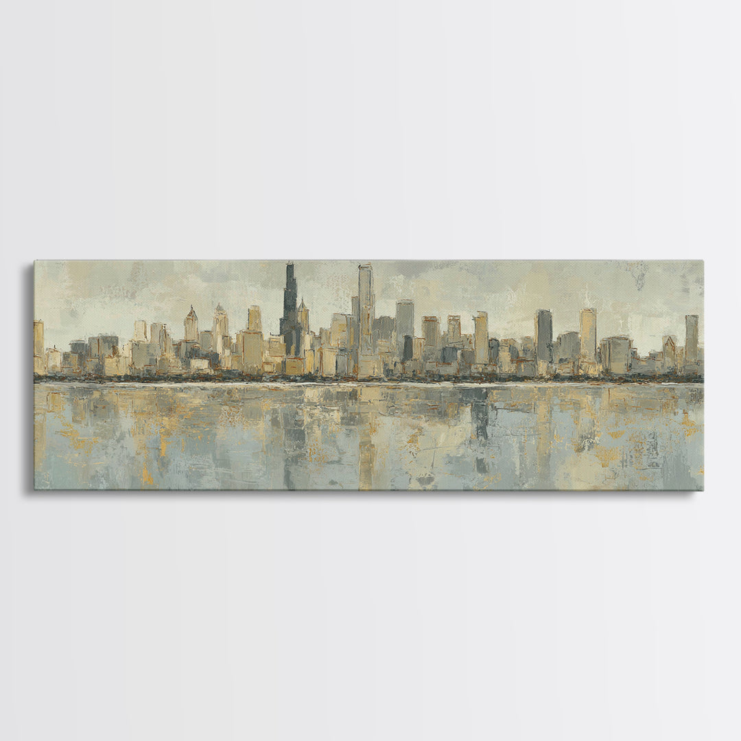 Urban Skyline in Muted Evening Color Framed Canvas Print, Wall Art, Art Deco, Living Room Decor, Fine Art, Abstract Wall Art, WAL-3x1-58