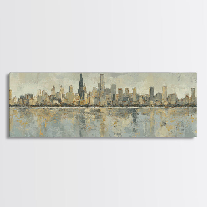 Urban Skyline in Muted Evening Color Framed Canvas Print, Wall Art, Art Deco, Living Room Decor, Fine Art, Abstract Wall Art, WAL-3x1-58