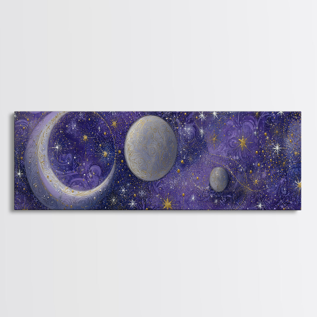 Celestial Moon and Stars Artwork Canvas Print, Wall Art, Digital Print, Living Room Decor, Fine Art, Luxury Decor, WAL-3x1-6