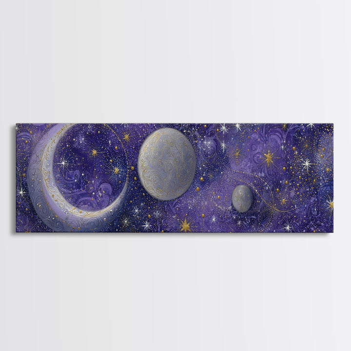 Celestial Moon and Stars Artwork Canvas Print, Wall Art, Digital Print, Living Room Decor, Fine Art, Luxury Decor, WAL-3x1-6