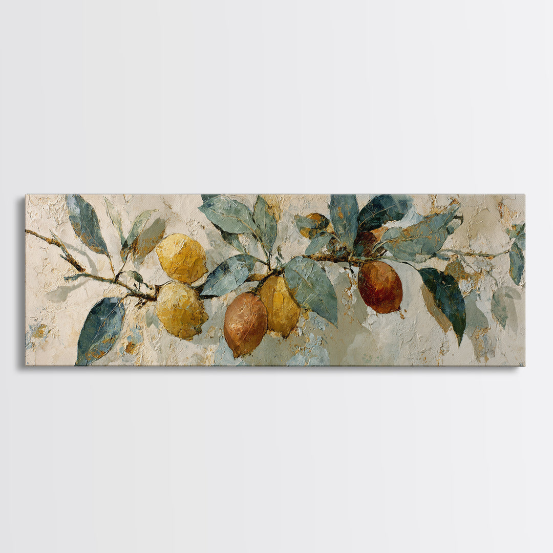 Mediterranean Lemon Branch Still Life Canvas Print, Wall Art, Boho Decor, Living Room Decor, Fine Art, Painting, WAL-3x1-62