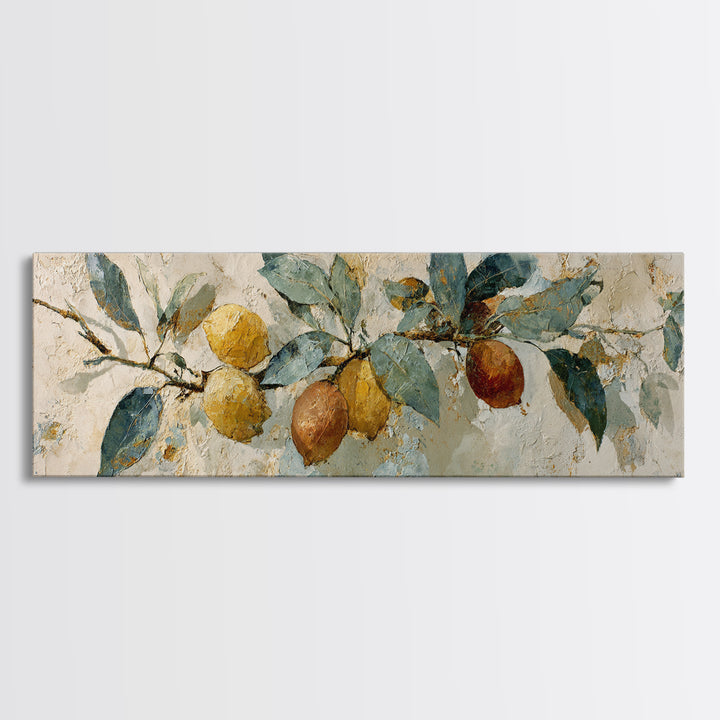 Mediterranean Lemon Branch Still Life Canvas Print, Wall Art, Boho Decor, Living Room Decor, Fine Art, Painting, WAL-3x1-62
