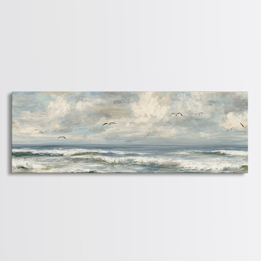 Classic Seascape with Dramatic Clouds Framed Canvas Print, Wall Art, Mid Century Modern, Living Room Decor, Abstract Art, WAL-3x1-67