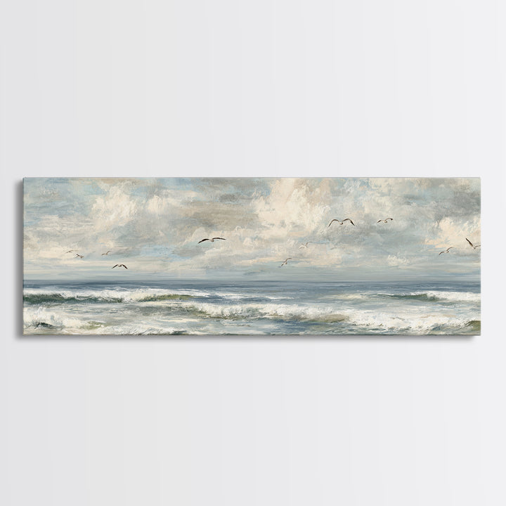 Classic Seascape with Dramatic Clouds Framed Canvas Print, Wall Art, Mid Century Modern, Living Room Decor, Abstract Art, WAL-3x1-67