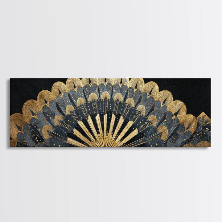 Art Deco Gold Fan Pattern Framed Canvas Print, Wall Art, Painting, Living Room Decor, Fine Art, Wall Hanging, WAL-3x1-84