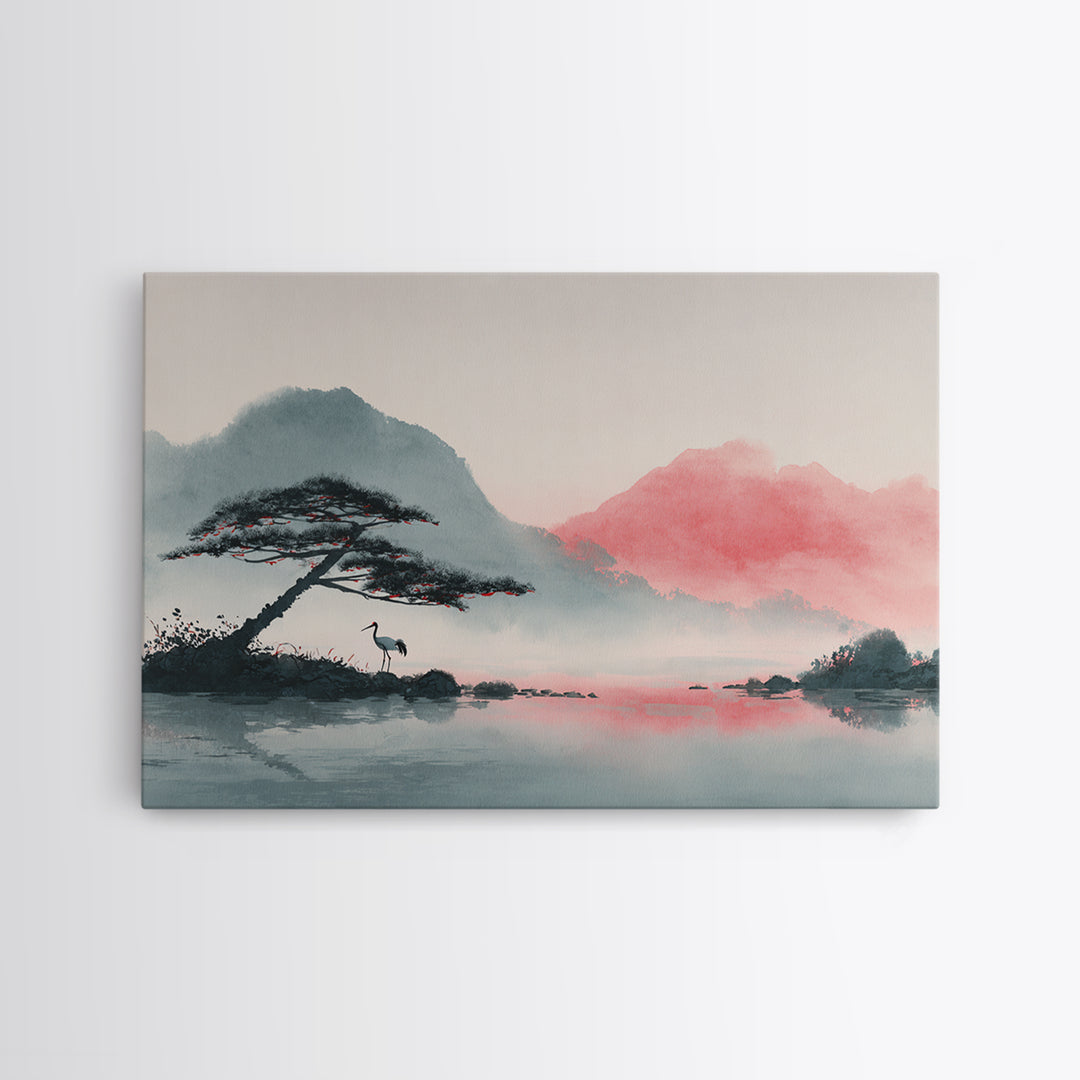 Monochrome Ink Crane Composition Framed Canvas Print, Wall Art, Living Room Decor, Oil Painting, Metal Wall Art, WAL-3x2-100