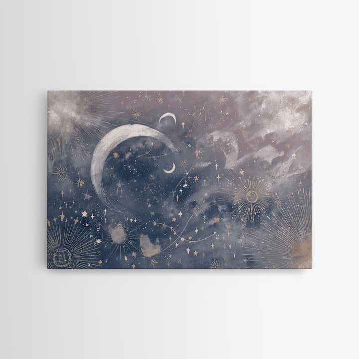 Celestial Moon and Stars Artwork Framed Canvas Print, Wall Art, Digital Wall Art, Living Room Decor, Fine Art, WAL-3x2-18