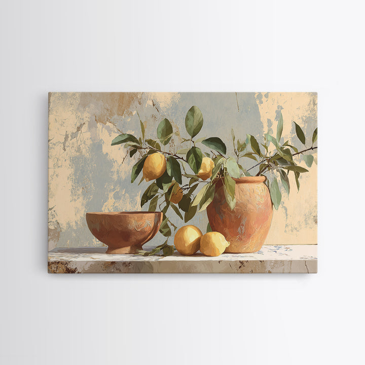 Mediterranean Lemon Branch Still Life Framed Canvas Print, Wall Art, Canvas, Living Room Decor, Watercolor Art, WAL-3x2-2