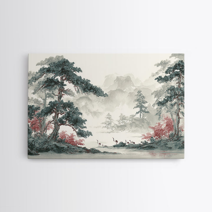 Monochrome Ink Crane Composition Framed Canvas Print, Wall Art, Original Art, Living Room Decor, Fine Art, Modern Decor, WAL-3x2-28