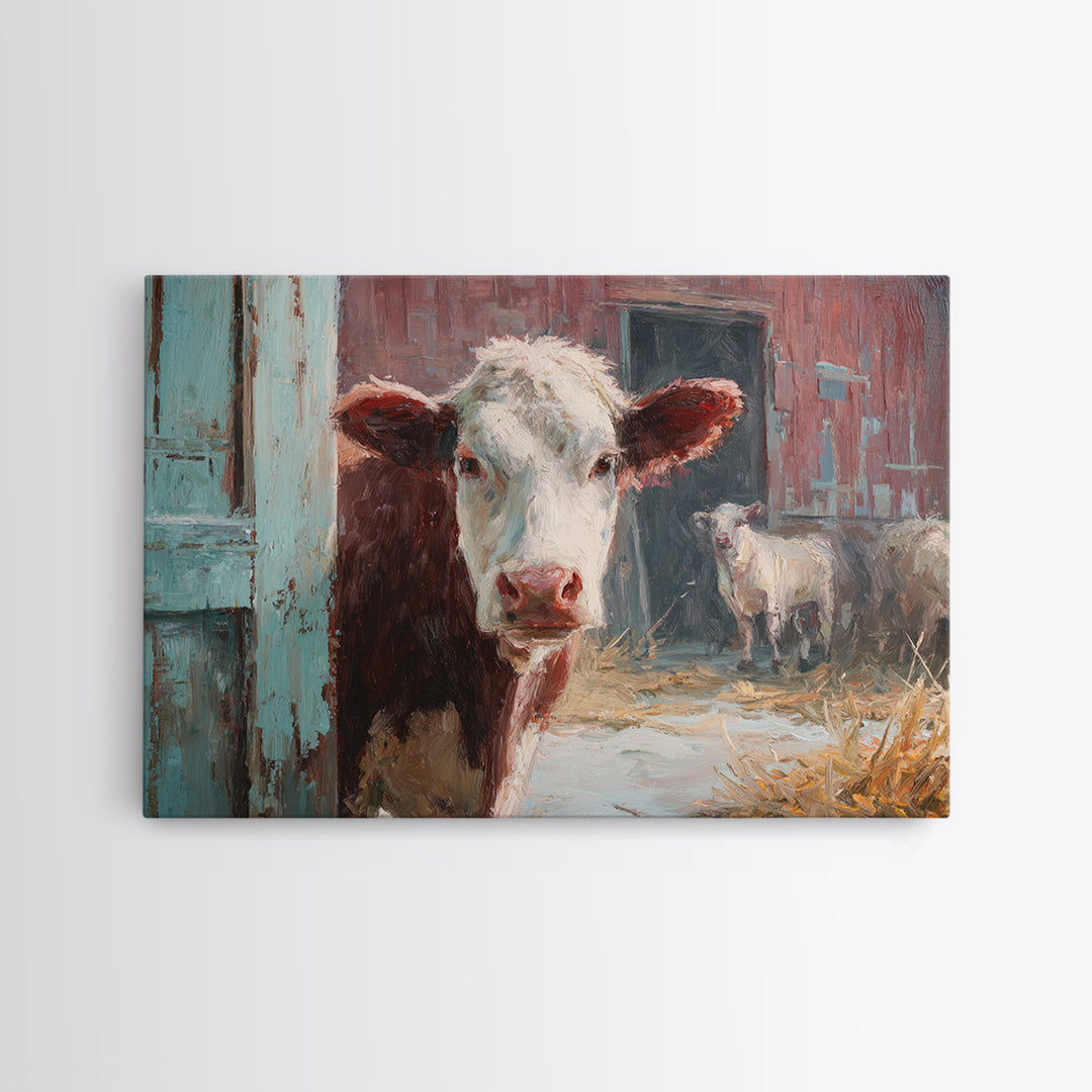 Rustic Farmhouse Cow Portrait Framed Canvas Print, Wall Art, Heart, Living Room Decor, Fine Art, Home Decor Gift, WAL-3x2-47