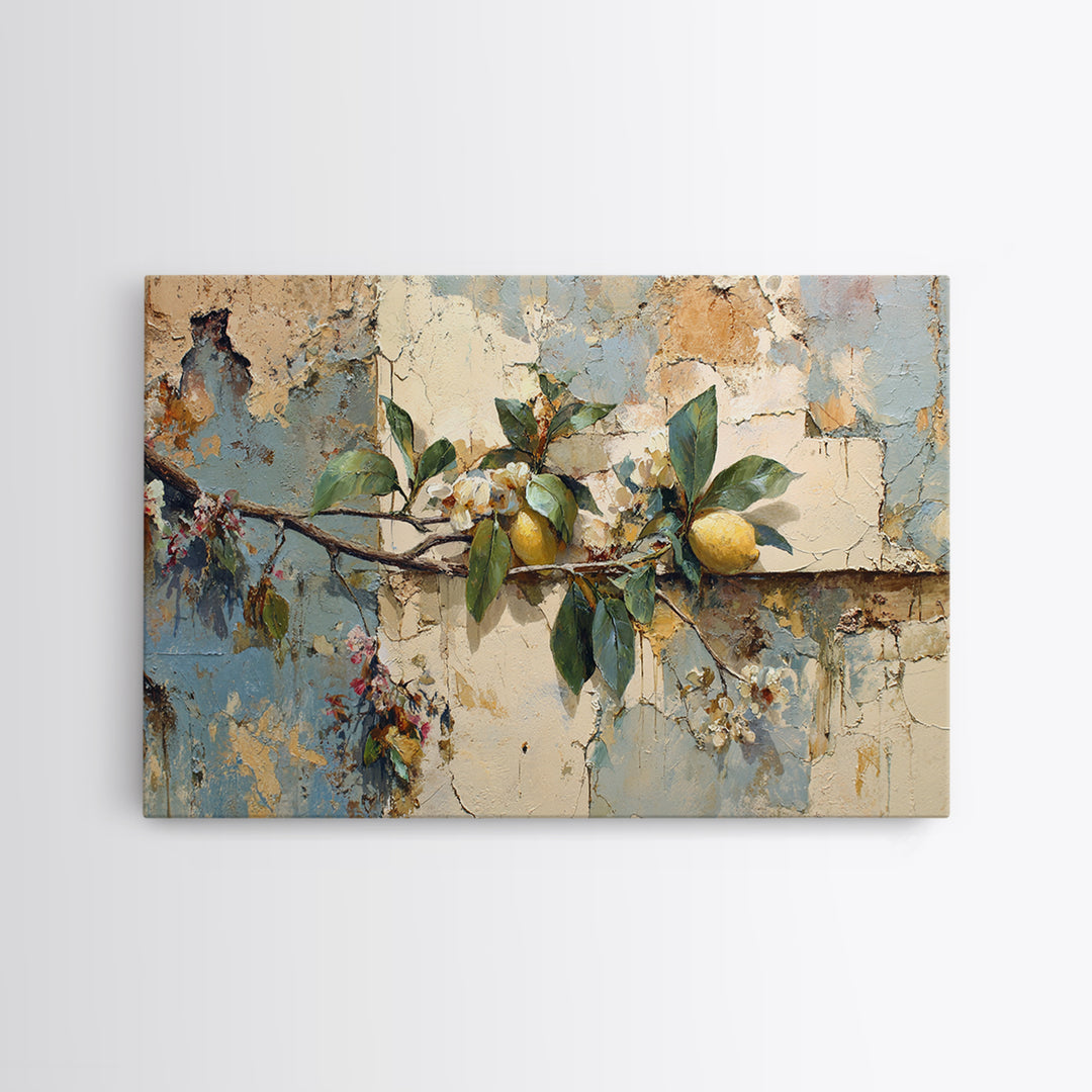 Mediterranean Lemon Branch Still Life Framed Canvas Print, Wall Art, Framed Wall Art, Living Room Decor, Fine Art, WAL-3x2-50