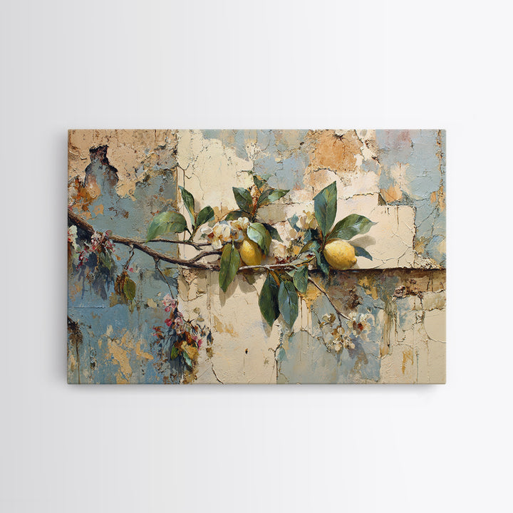 Mediterranean Lemon Branch Still Life Framed Canvas Print, Wall Art, Framed Wall Art, Living Room Decor, Fine Art, WAL-3x2-50