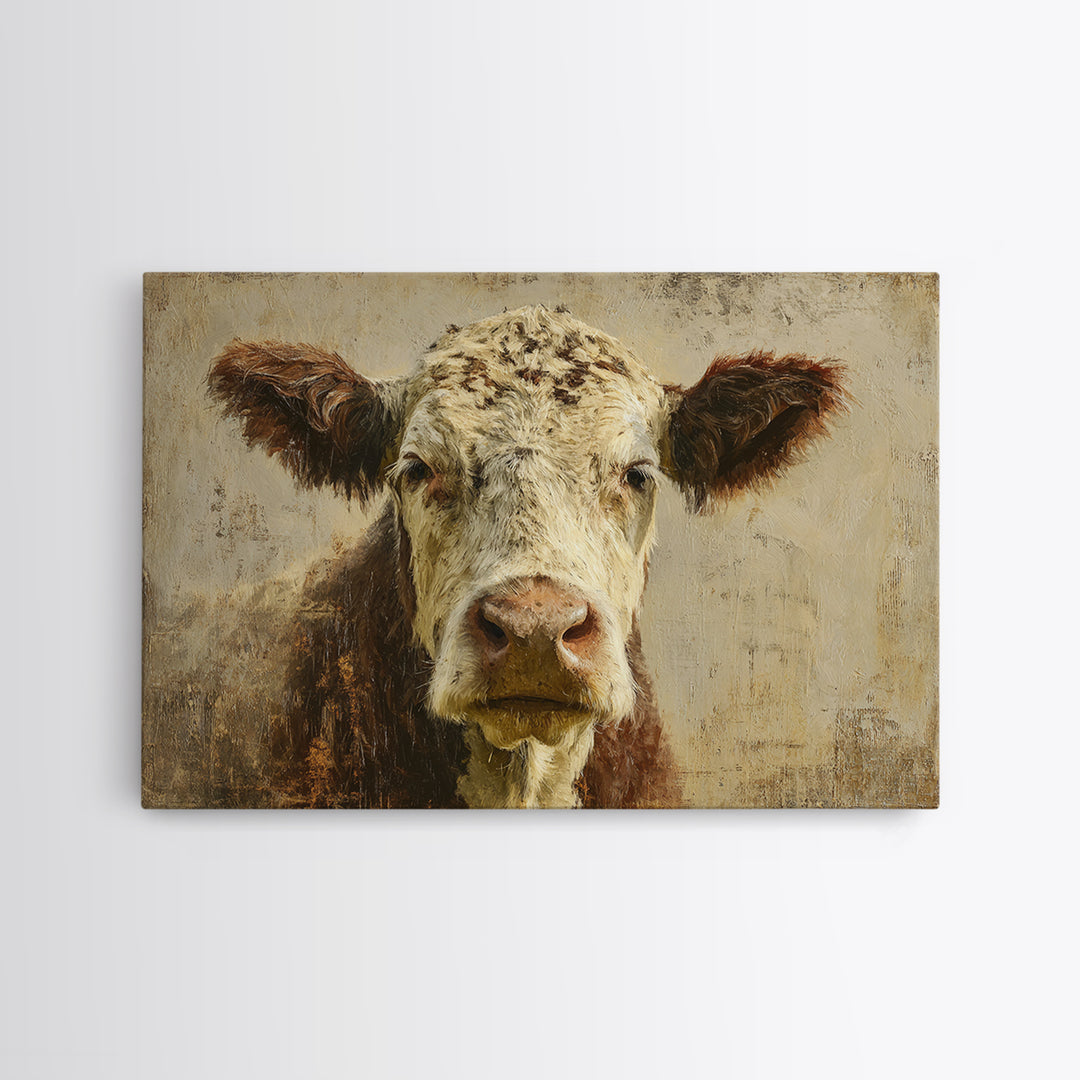 Rustic Farmhouse Cow Portrait Framed Canvas Print, Wall Art, Abstract Wall Art, Living Room Decor, Fine Art, WAL-3x2-71