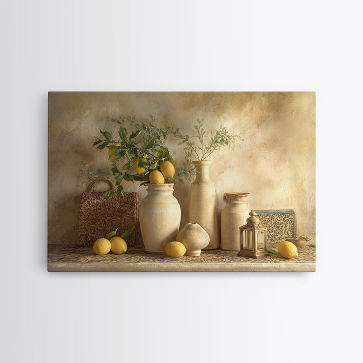Mediterranean Lemon Branch Still Life Framed Canvas Print, Wall Art, Framed Wall Art, Living Room Decor, Fine Art, WAL-3x2-74