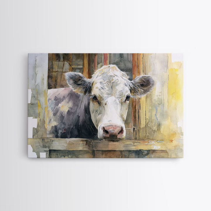 Rustic Farmhouse Cow Portrait Framed Canvas Print, Wall Art, Canvas, Living Room Decor, Oil Painting, Canvas Wall Art, WAL-3x2-95