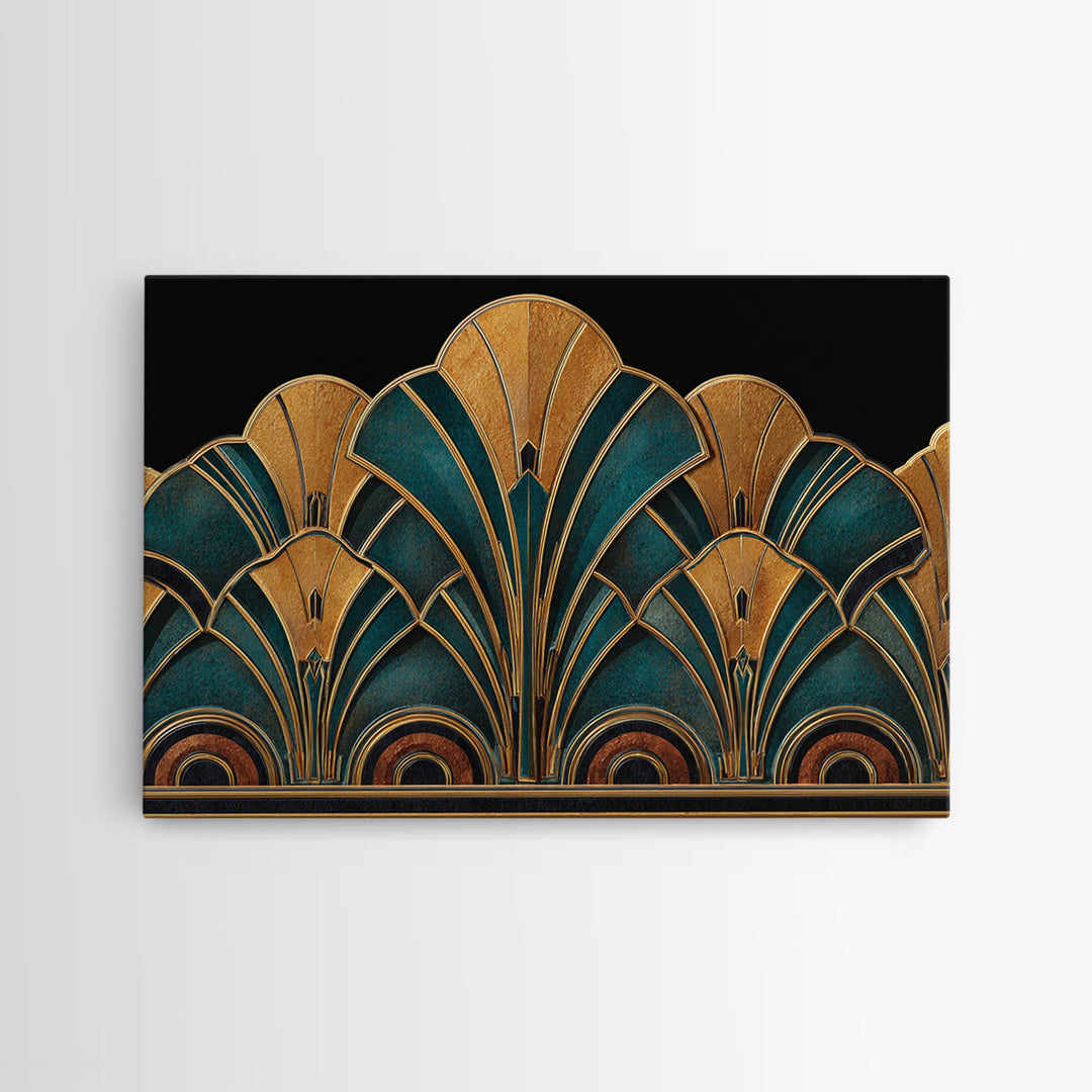 Art Deco Gold Fan Pattern Framed Canvas Print, Wall Art, Painting, Living Room Decor, Fine Art, Wall Hanging, WAL-3x2-96