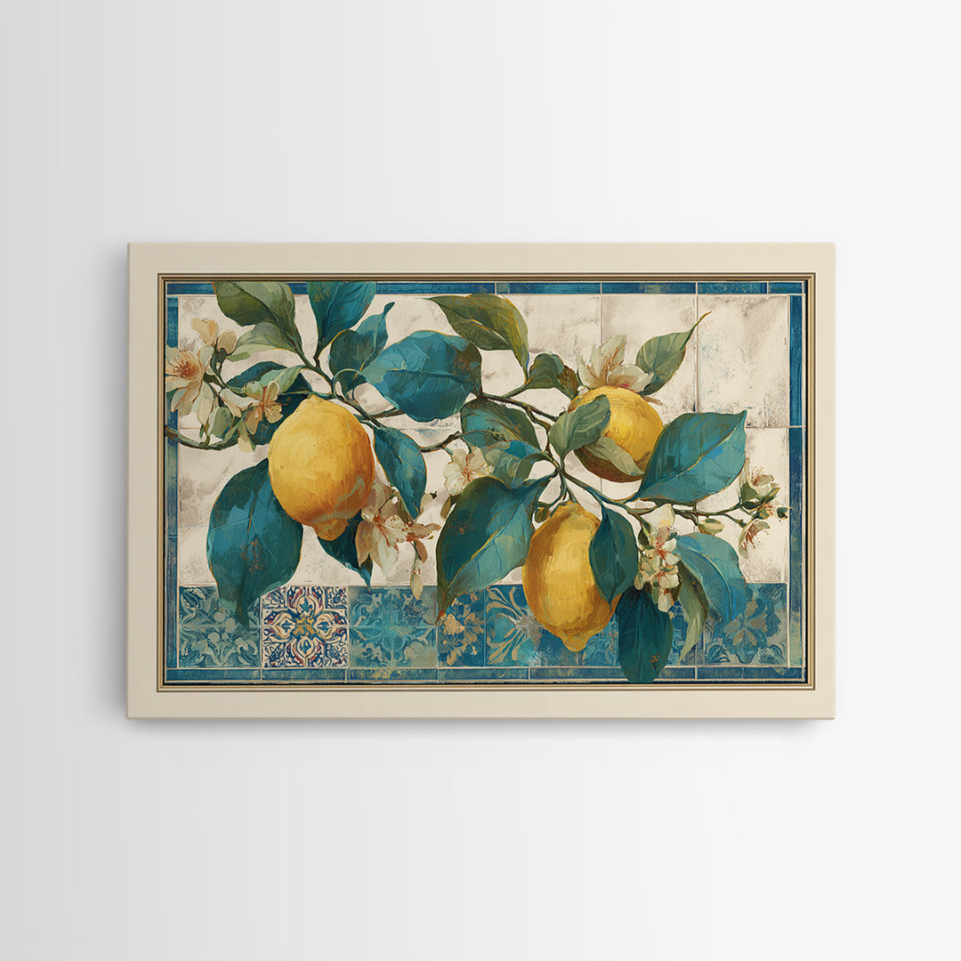Mediterranean Lemon Branch Still Life Canvas Print, Wall Art, Prints Wall Art, Living Room Decor, Oil Painting, WAL-3x2-98
