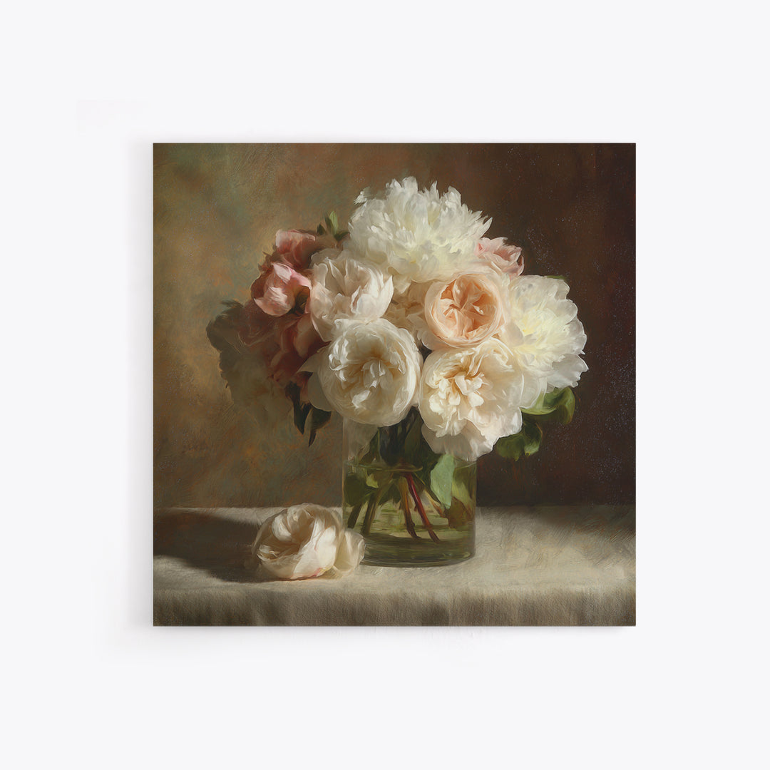 Romantic Bouquet of White Roses and Peonies Canvas Print, Wedding Art, Wedding Painting, Living Room Decor, Fine Art, Romance, WED-1x1-25