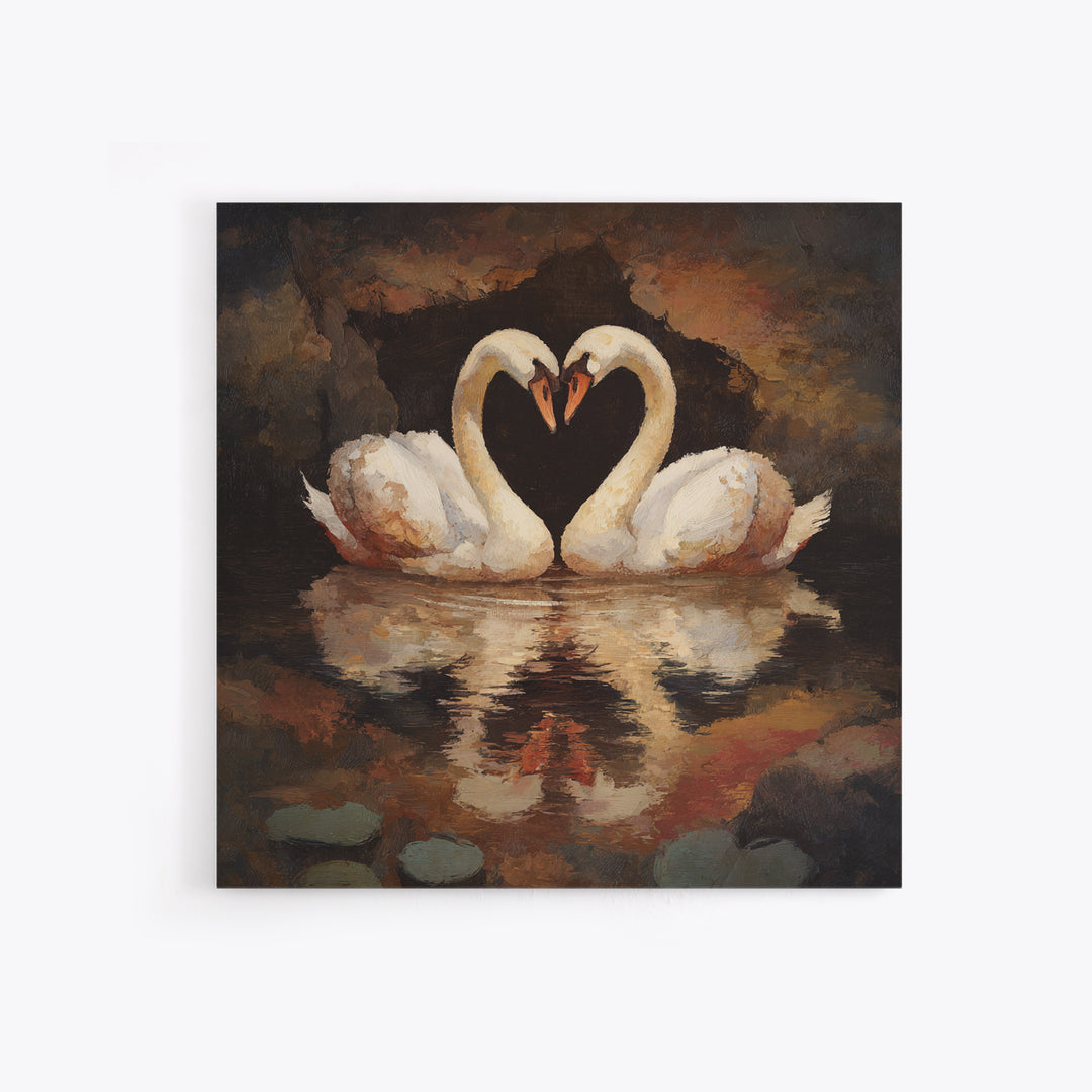 Two Swans Forming a Heart on Dark Canvas Print, Wedding Art, Unique Wedding Gift, Living Room Decor, Fine Art, Romance, WED-1x1-26