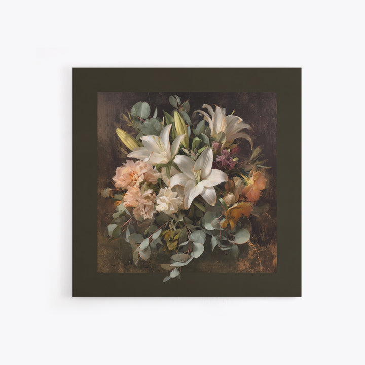 White Lilies and Eucalyptus Arrangement Framed Canvas Print, Wedding Art, Wedding Poster, Living Room Decor, Abstract Art, WED-1x1-33