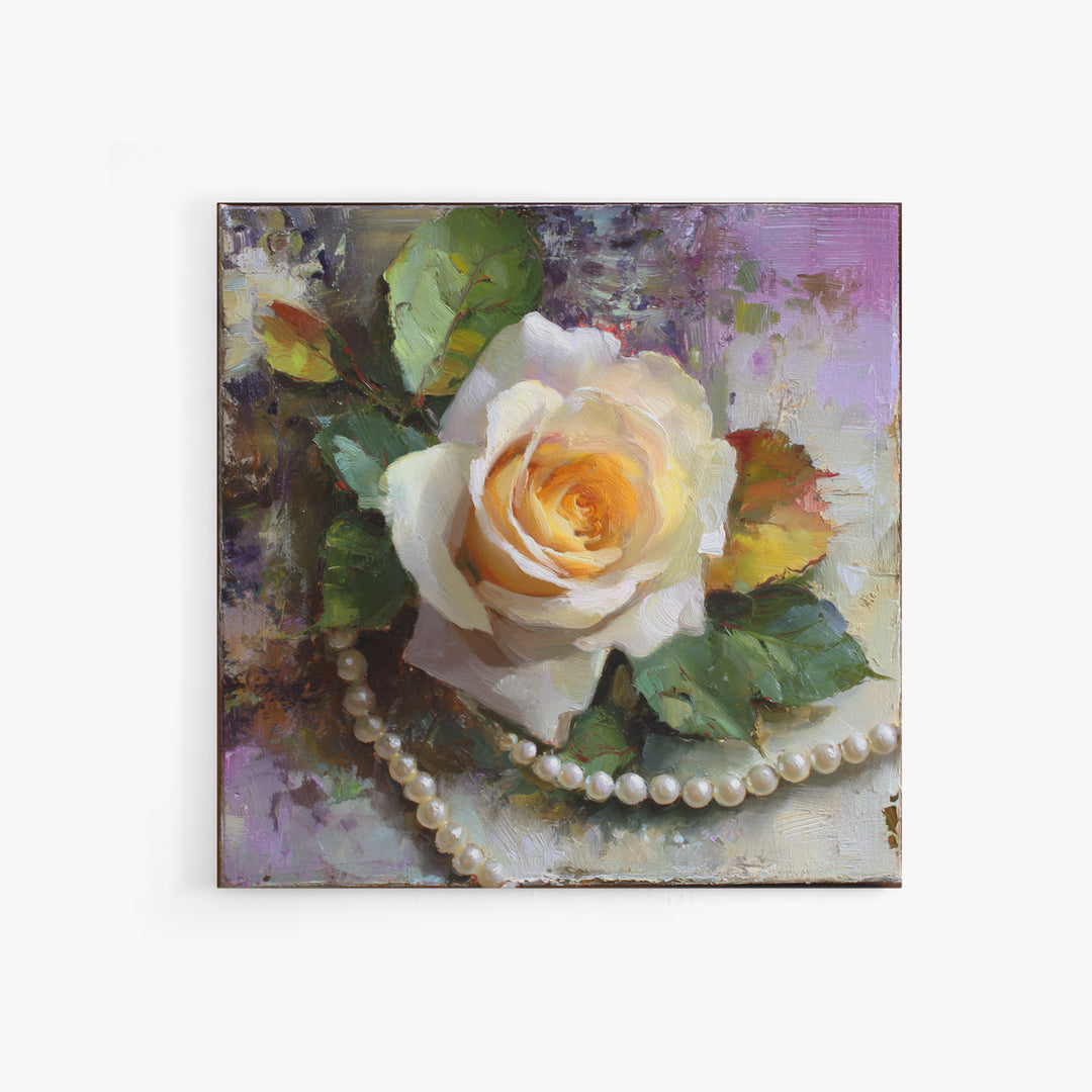 Pearl Necklace and Rose Still Life Canvas Print, Wedding Art, Framed Art, Living Room Decor, Watercolor Art, Romance, WED-1x1-36