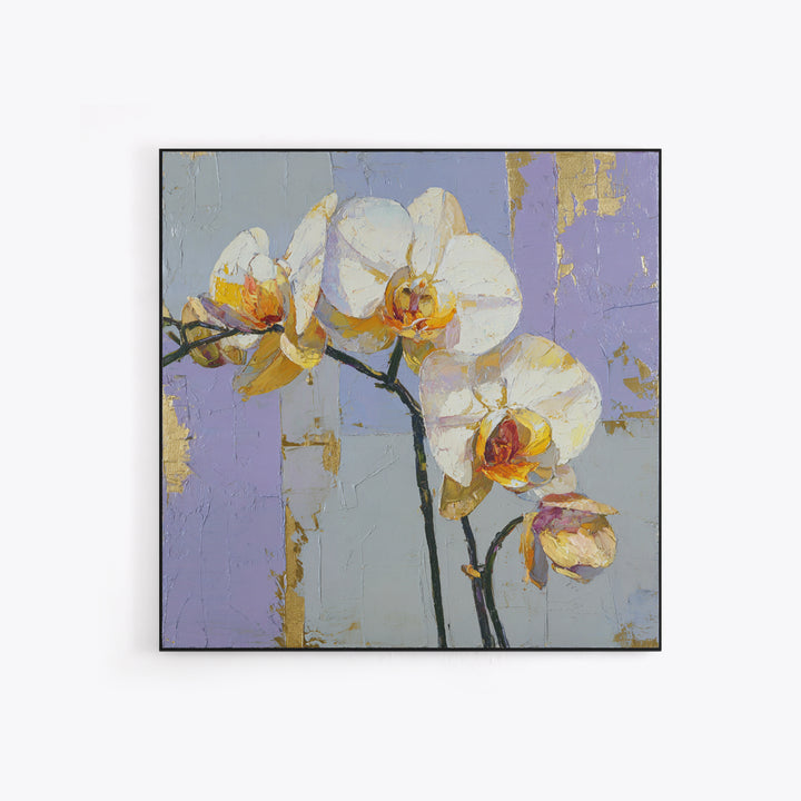 White Orchid and Gold Ribbon Composition Framed Canvas Print, Wedding Art, Wedding, Living Room Decor, Fine Art, Romance, WED-1x1-48