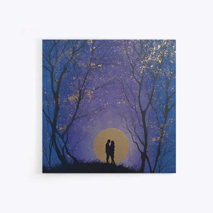 Couple Silhouette Beneath Moonlit Trees Framed Canvas Print, Wedding Art, Personalized Wedding, Living Room Decor, Romance, WED-1x1-53
