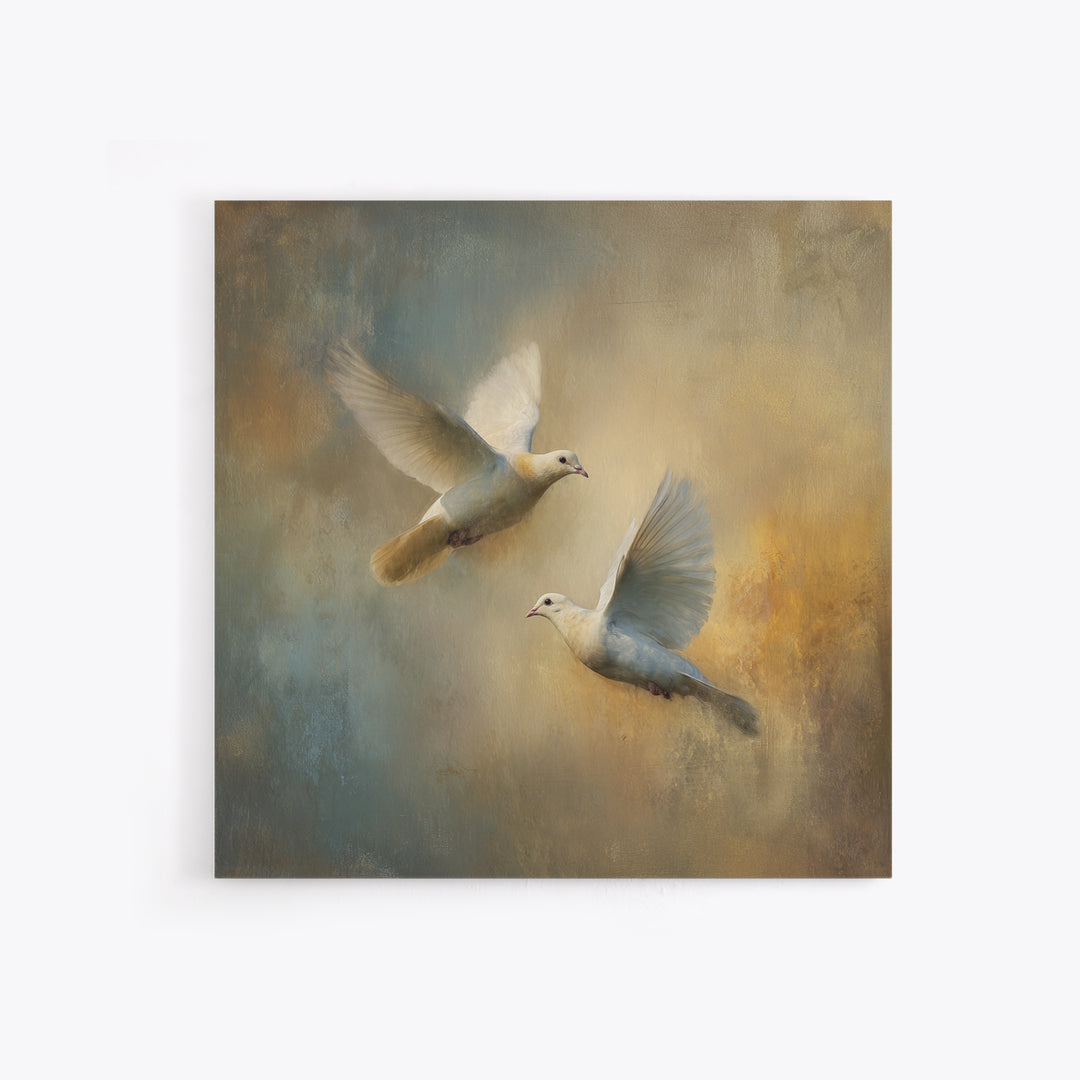 Doves Flying Through Soft Golden Light Canvas Print, Wedding Art, Wedding Painting, Living Room Decor, Fine Art, Romance, WED-1x1-59