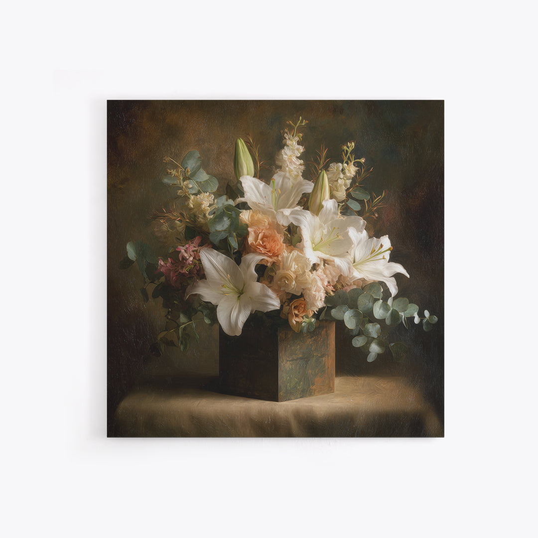 White Lilies and Eucalyptus Arrangement Canvas Print, Wedding Art, Modern Decor, Living Room Decor, Fine Art, Romance, WED-1x1-81