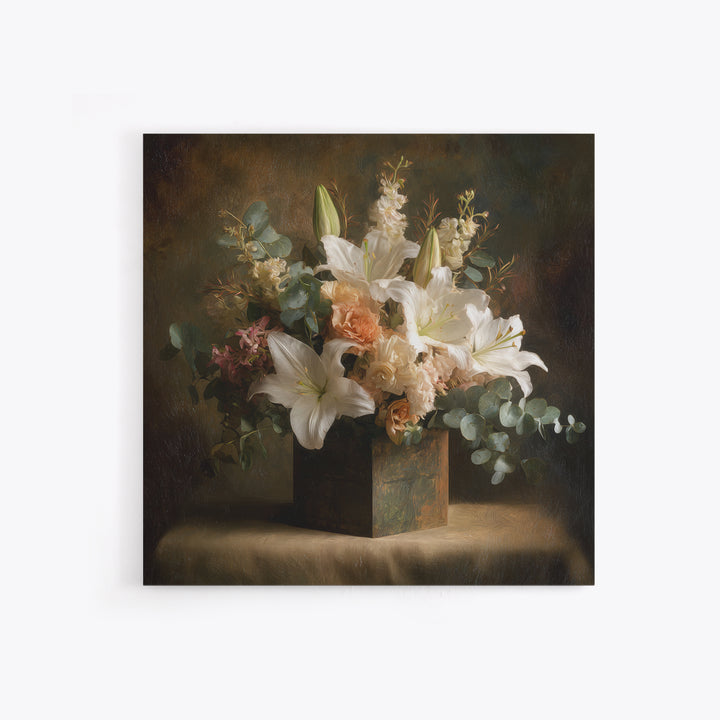 White Lilies and Eucalyptus Arrangement Canvas Print, Wedding Art, Modern Decor, Living Room Decor, Fine Art, Romance, WED-1x1-81