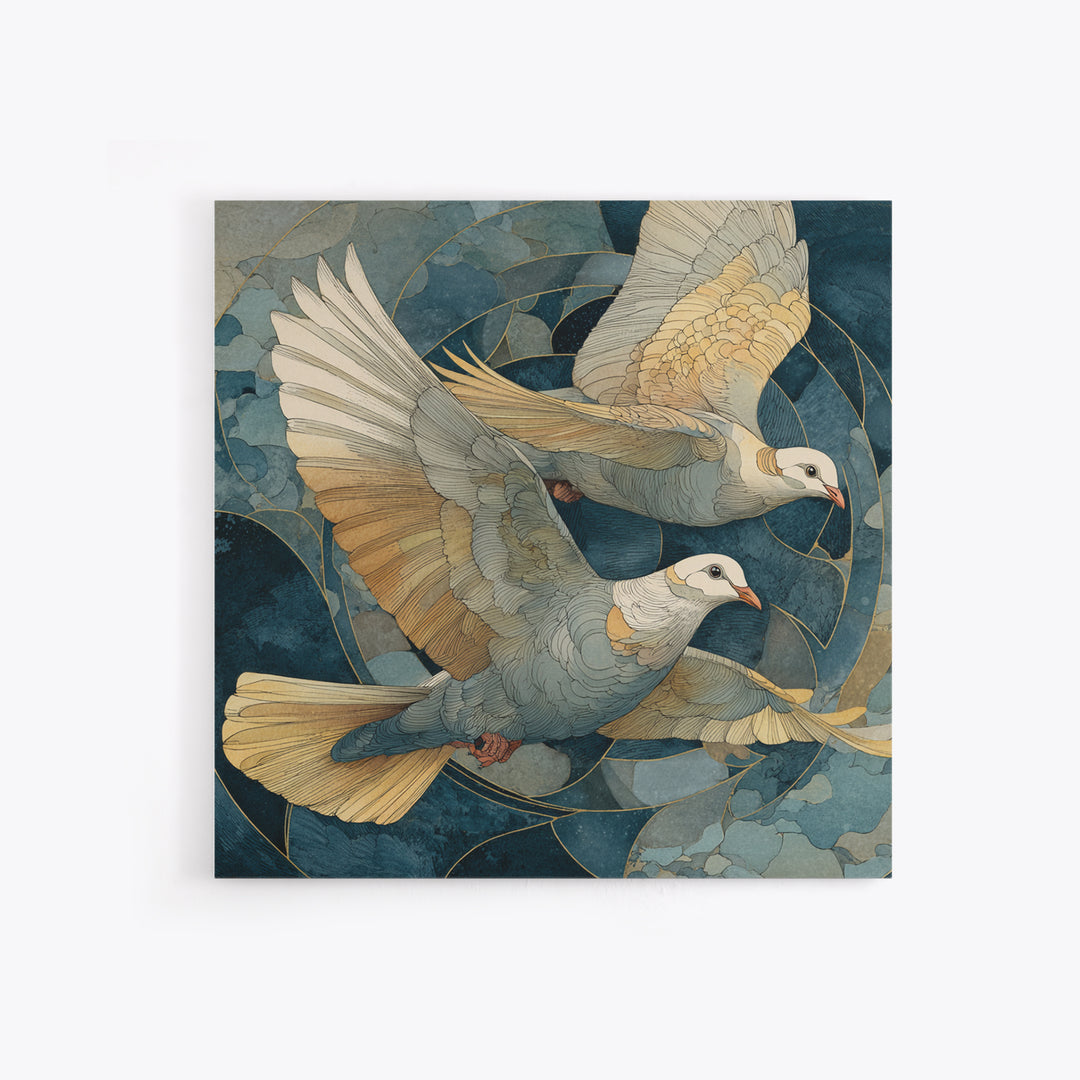 Doves Flying Through Soft Golden Light Framed Canvas Print, Wedding Art, Wall Decor, Living Room Decor, Fine Art, Romance, WED-1x1-83